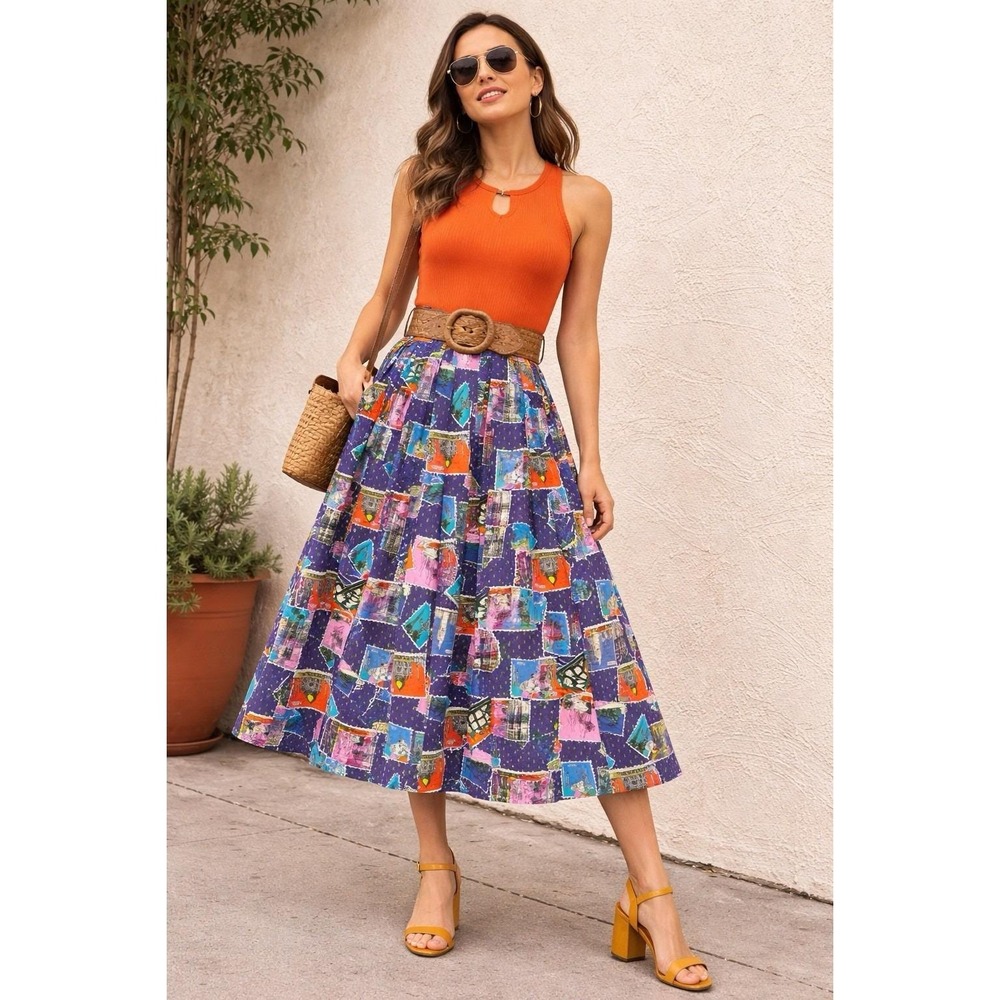 Vtg‎ World Travel Novelty Print Midi Skirt Sz 8 Colorful Global Postcards Artsy